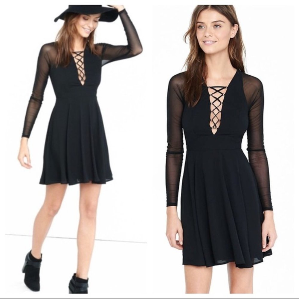Express Fit and Flare Black Lace-up Skater Dress
